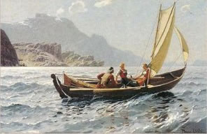 painting of faering sailing on fjord, Hans Dahl